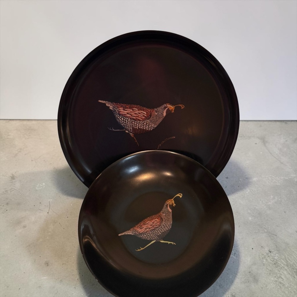 Vintage Couroc of Monterey California Quail Serving Tray and Bowl Set Black MCM